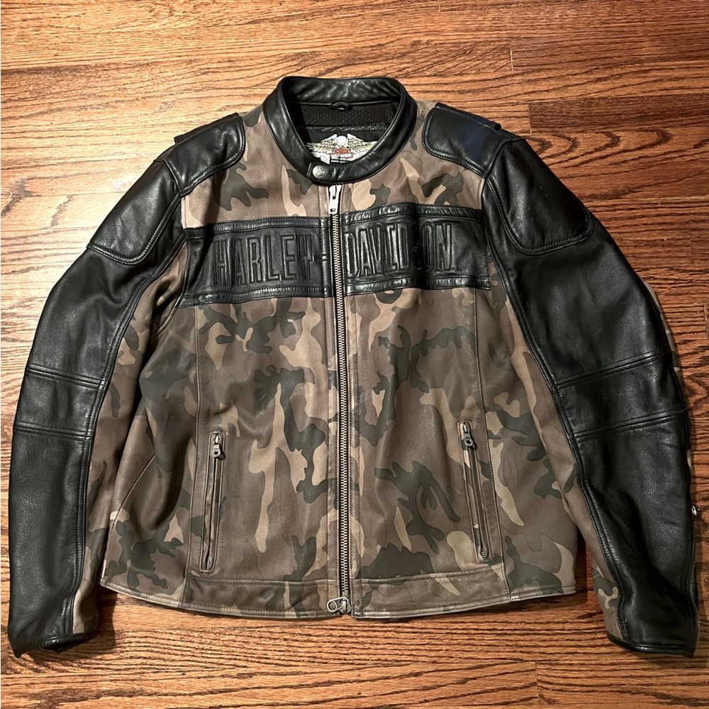 Harley Davidson Men’s Leather Jacket Motorcycle Camo Military Black size 2XL